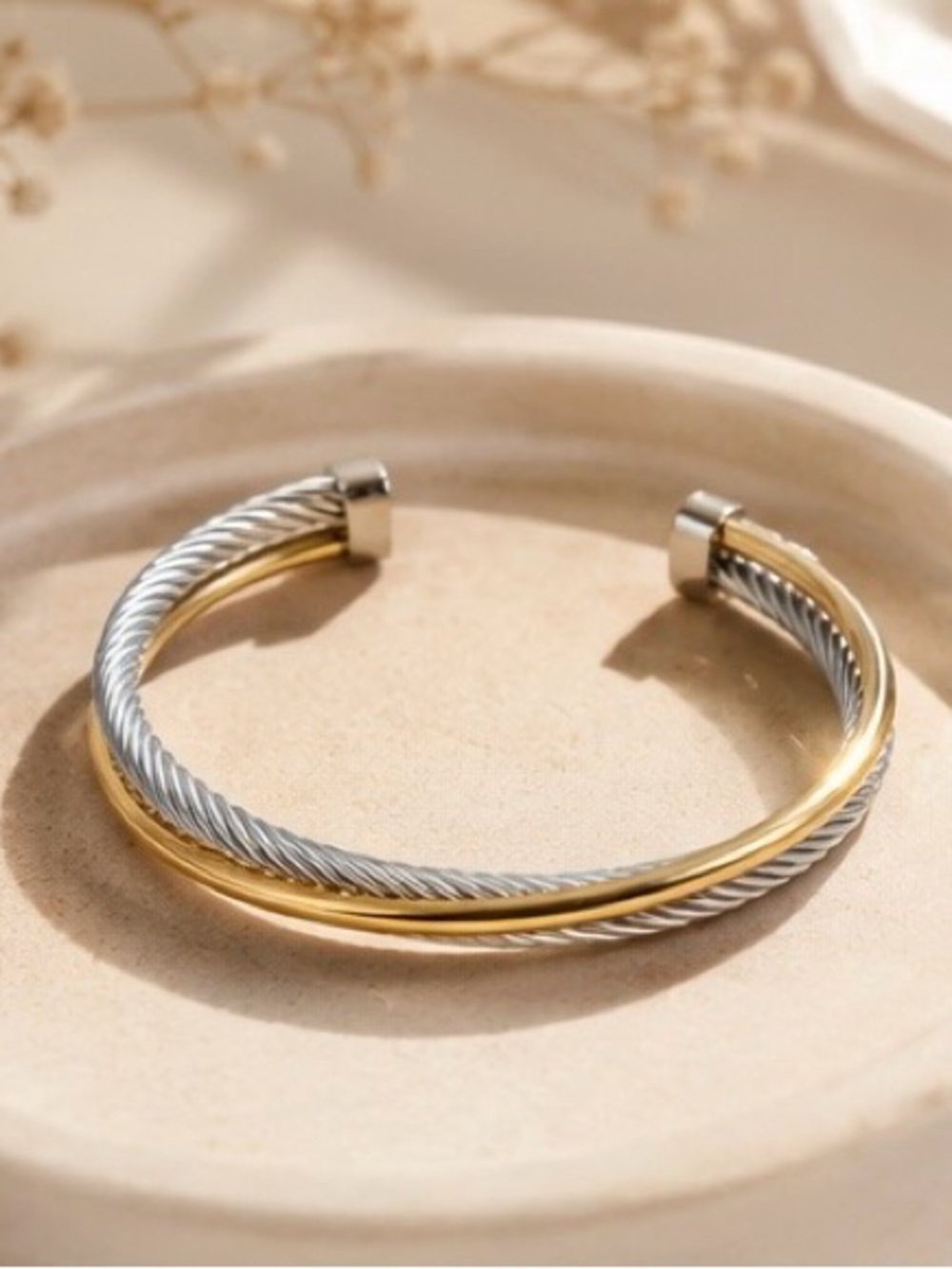 925 Sterling Silver Two-Tone Silver and Gold Twisted Cable Cuff Bracelet